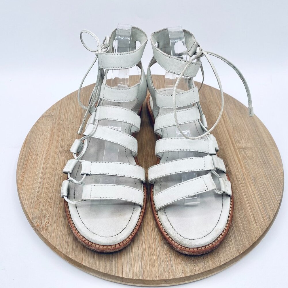 Frye Blair Sandals Womens 8.5 White Leather Lace Up Gladiator Flats